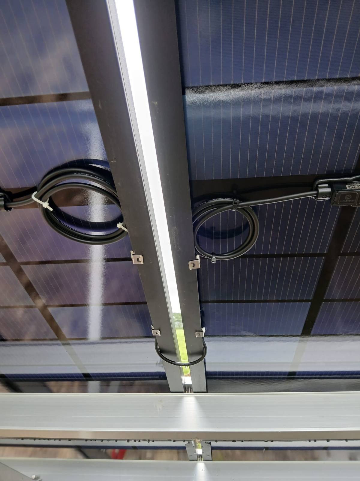 Neatly clipped and coiled DC cabling under a ground-mount solar array in Co. Cork, installed by CTS Solar